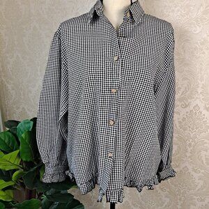 Cellabie Size 2XL Black/White Check Long Sleeve Blouse Collared Ruffle Trim NWT